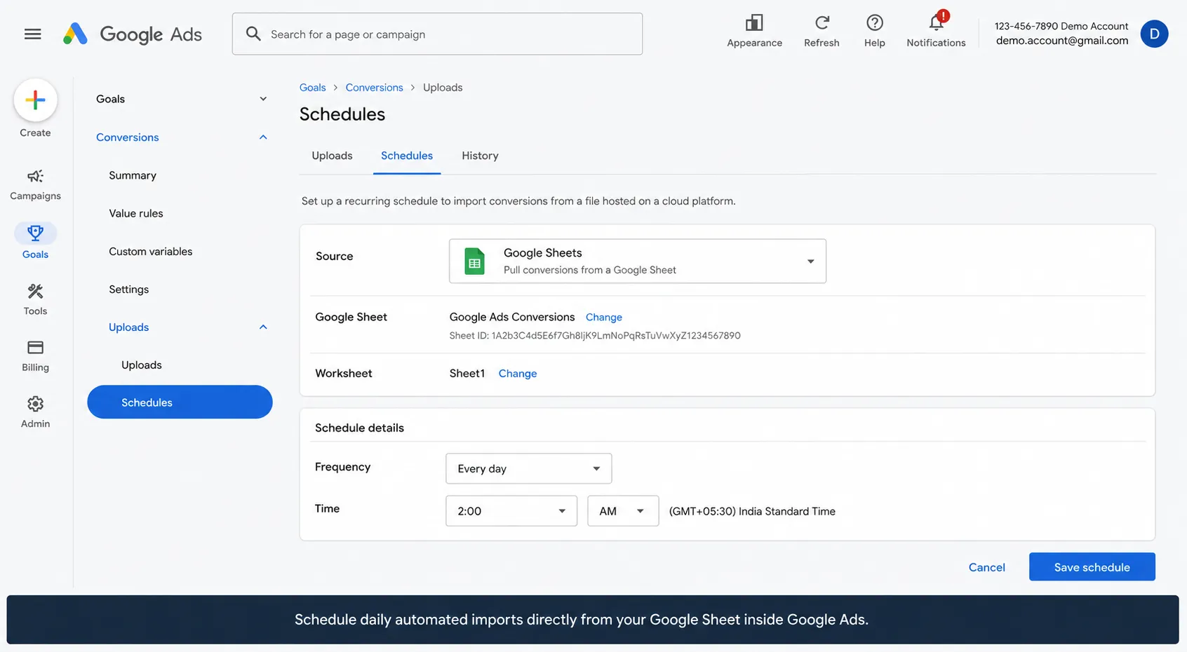 Schedule daily automation from google sheet inside google ads