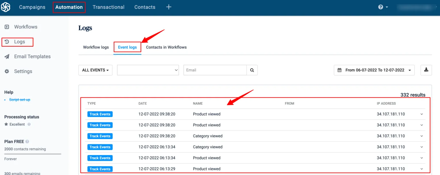 Check Events in Sendinblue