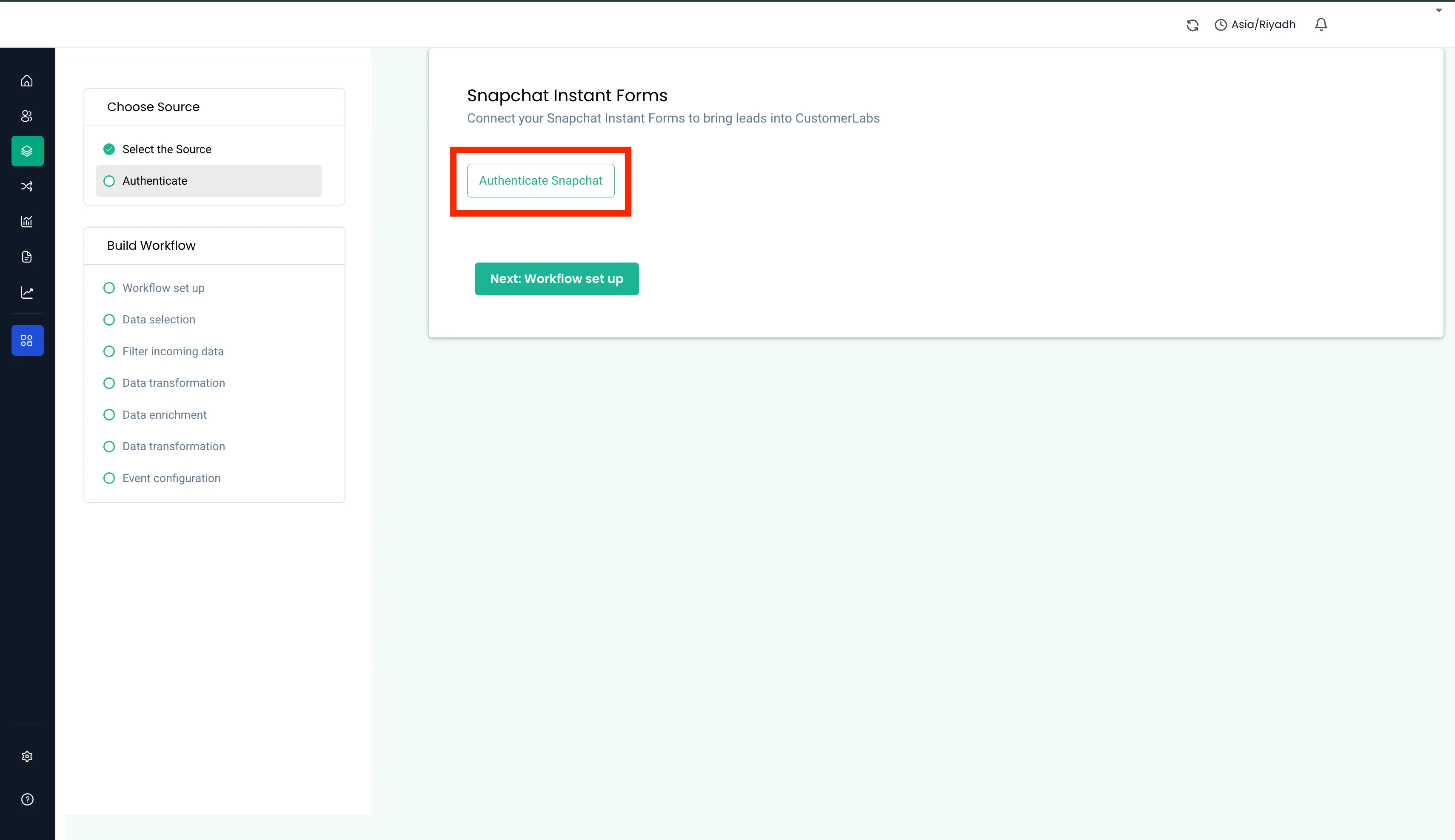 Snapchat Instant Forms source screen with the Authenticate Snapchat button