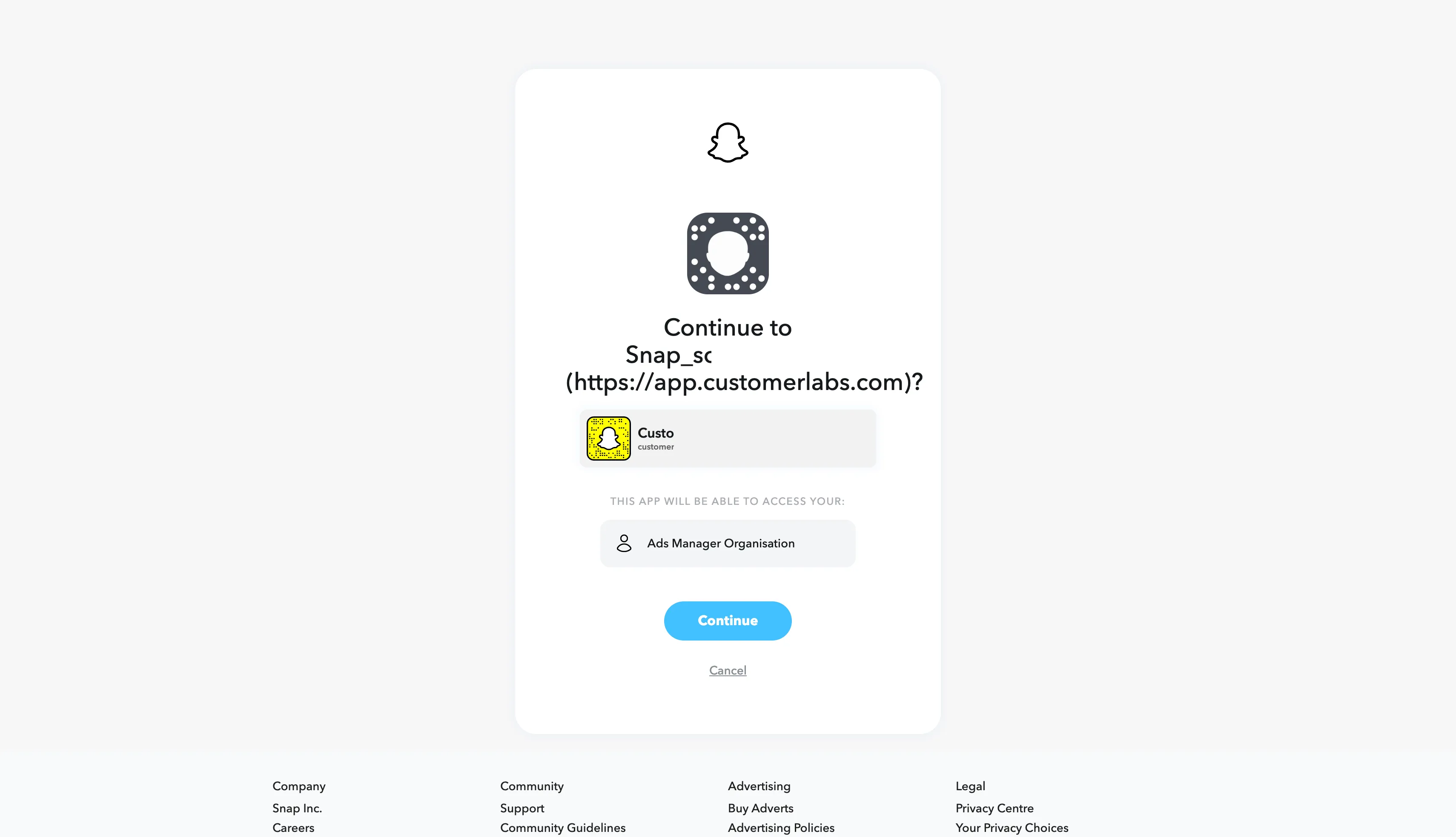 Snapchat authorization screen showing the Ads Manager Organisation access requested by CustomerLabs