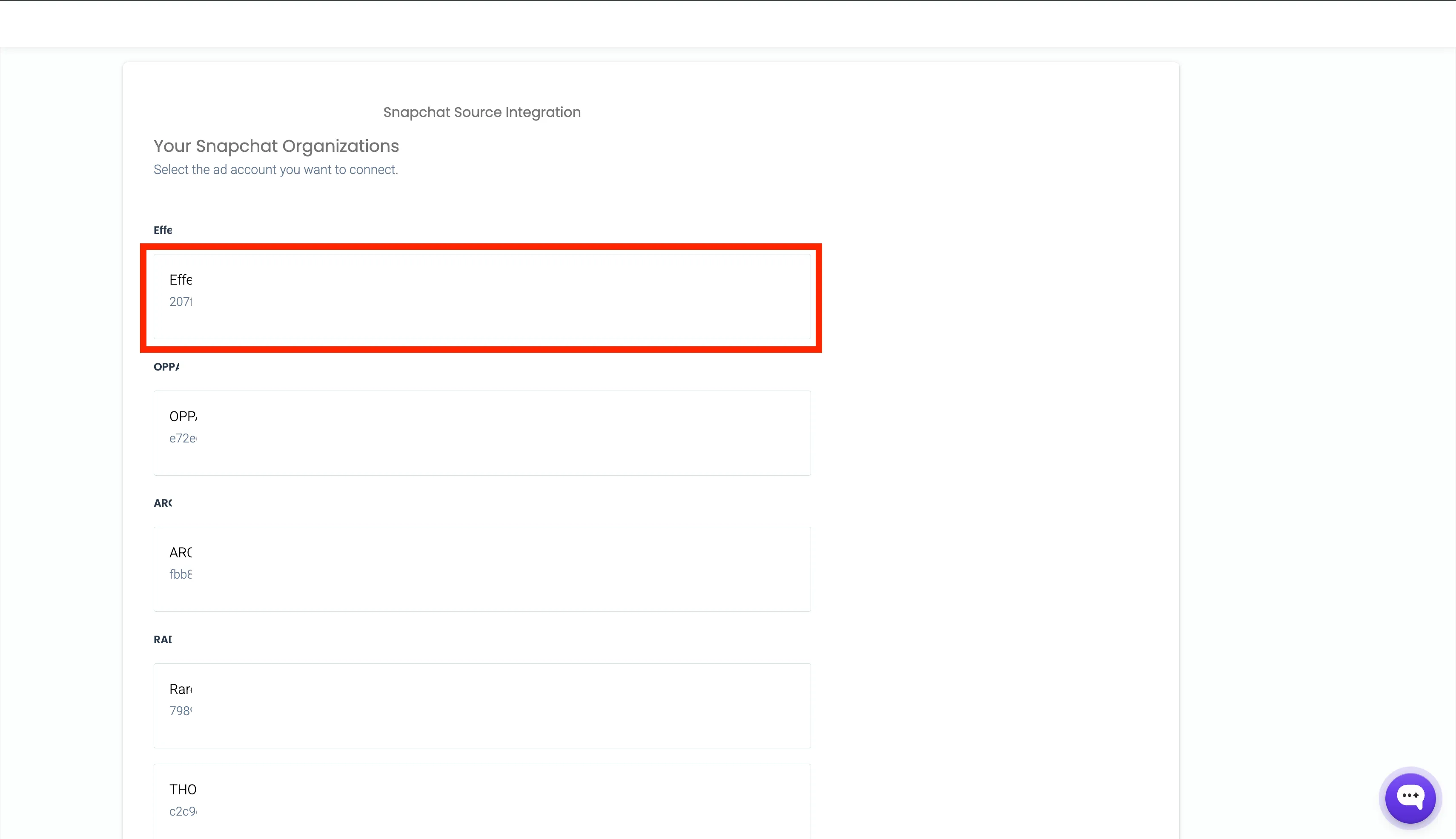 Your Snapchat Organizations screen listing ad accounts to select