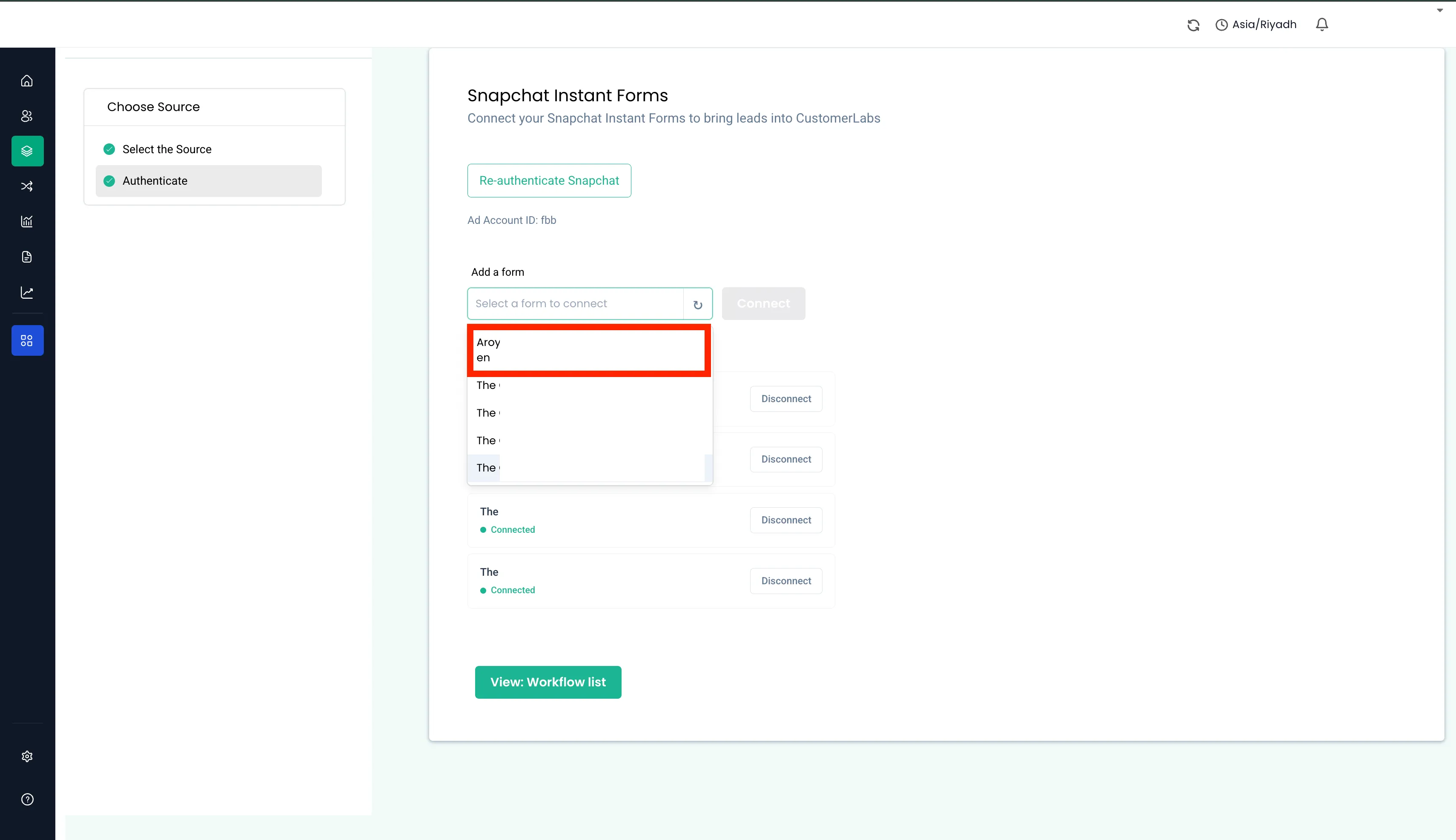 Add a form drop-down listing the available Instant Forms on the connected ad account