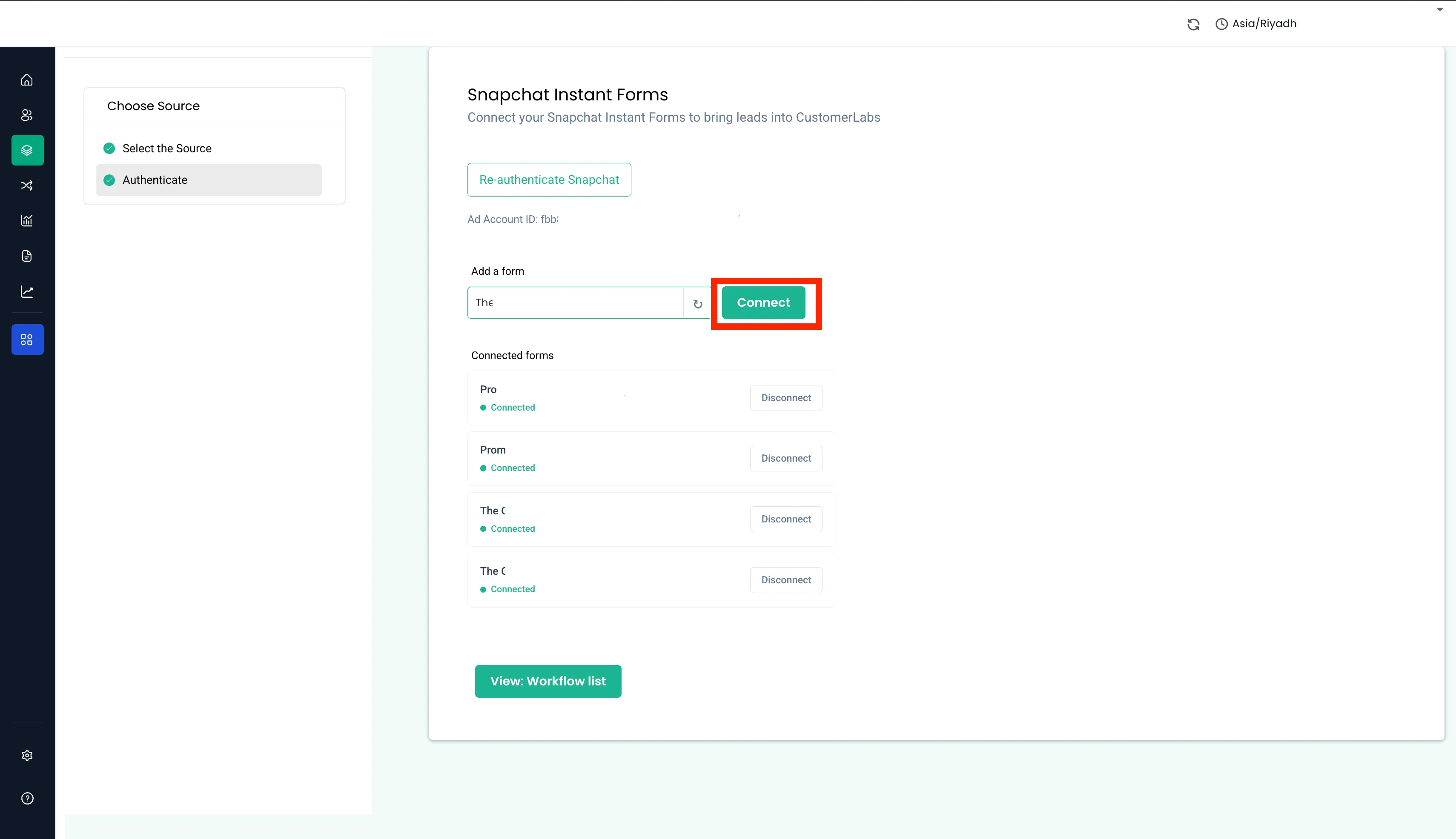 A form selected in the Add a form field with the Connect button highlighted