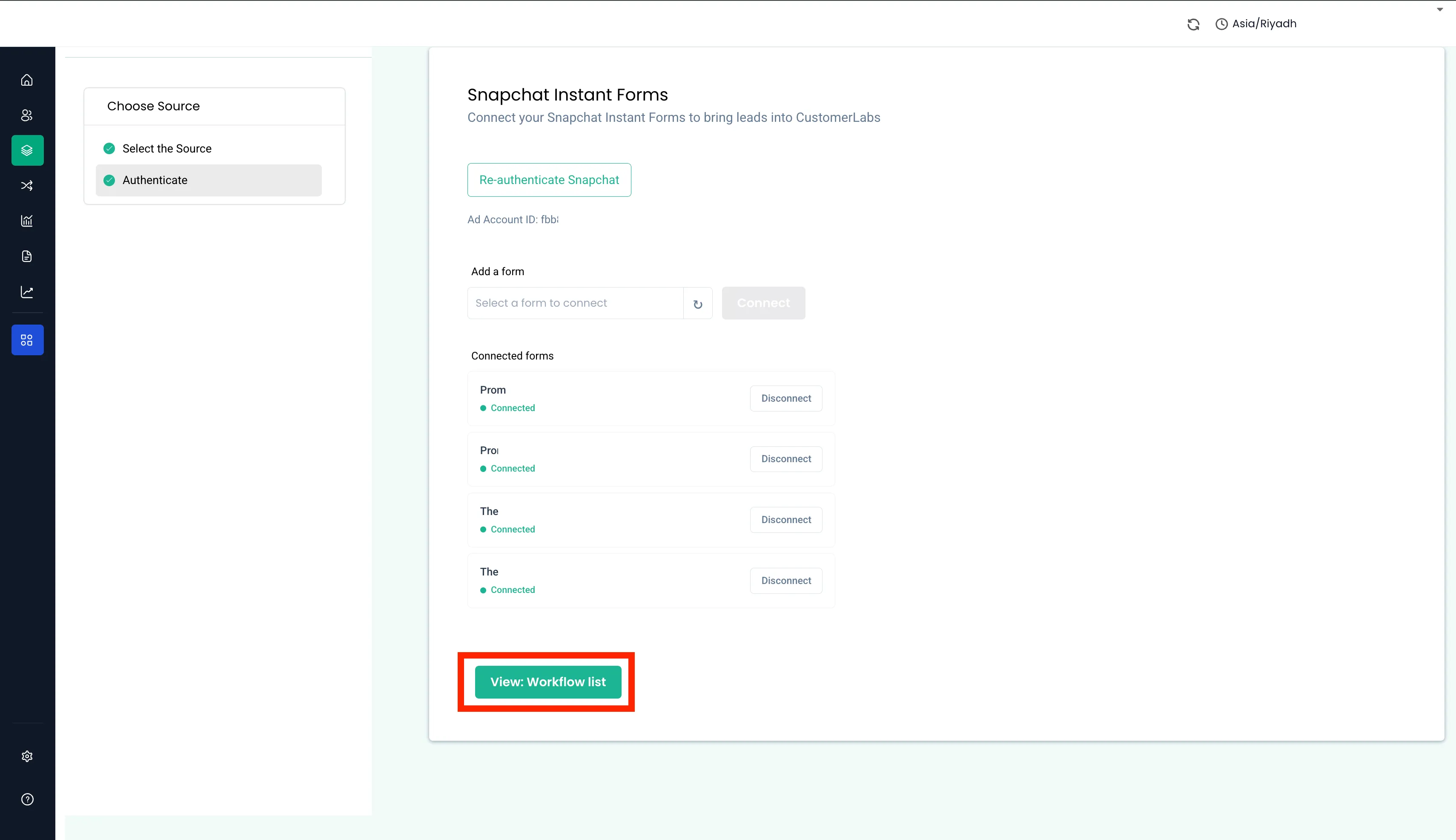 Connected forms list with Disconnect options and the View Workflow list button