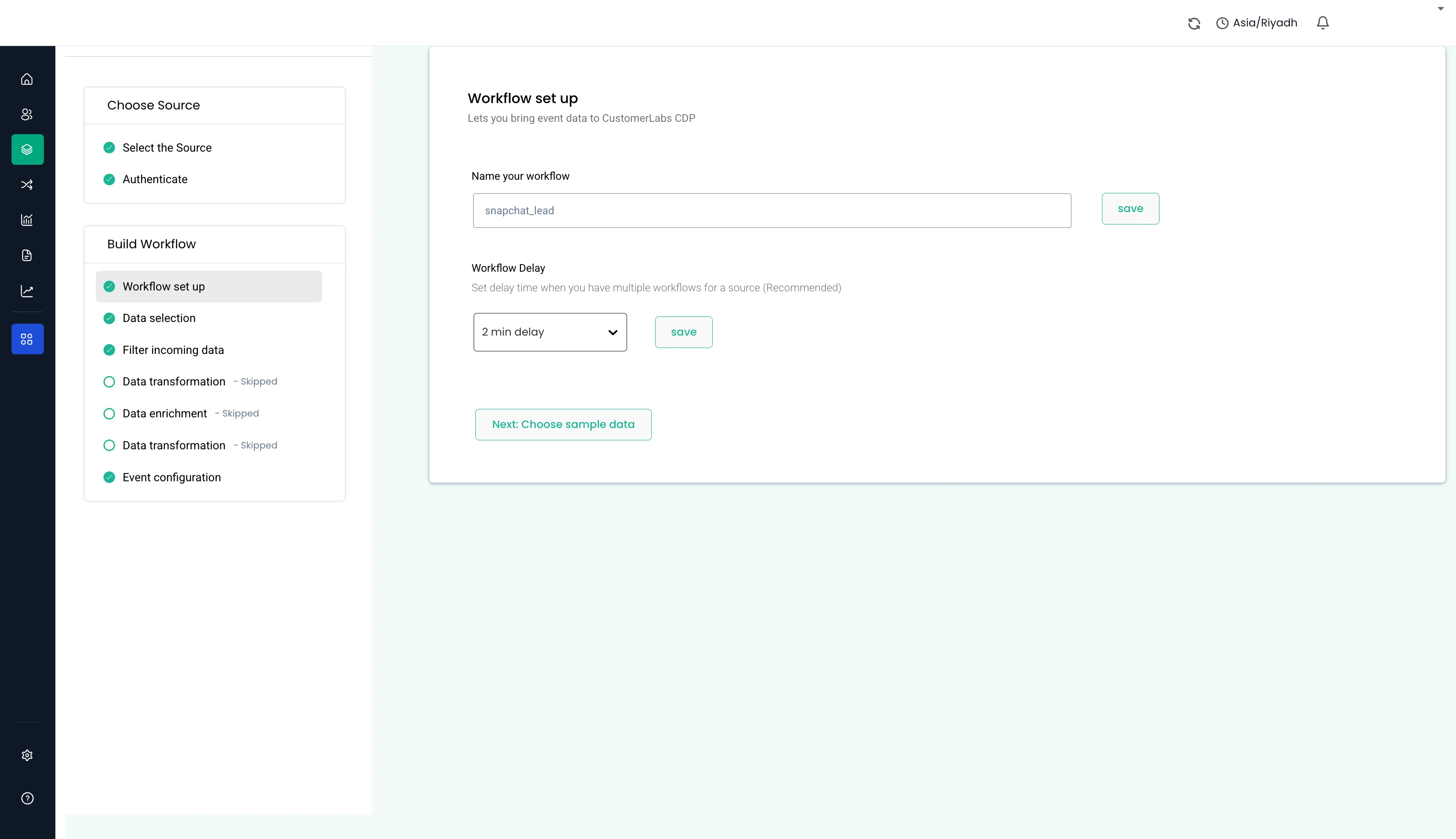 Workflow set up screen with the workflow name and delay fields