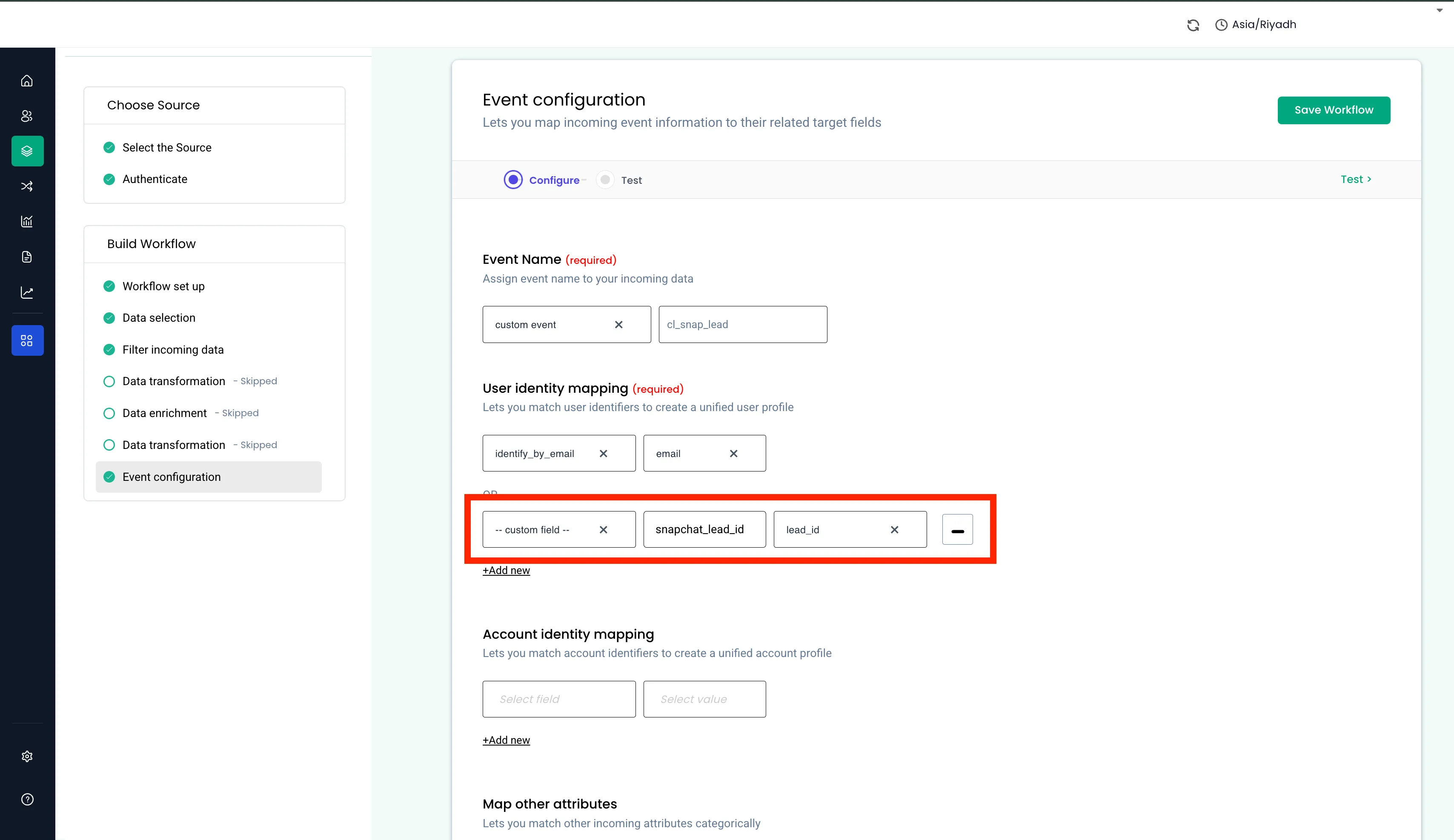 Event configuration screen with identify_by_email mapped to email and a custom field snapchat_lead_id mapped to lead_id