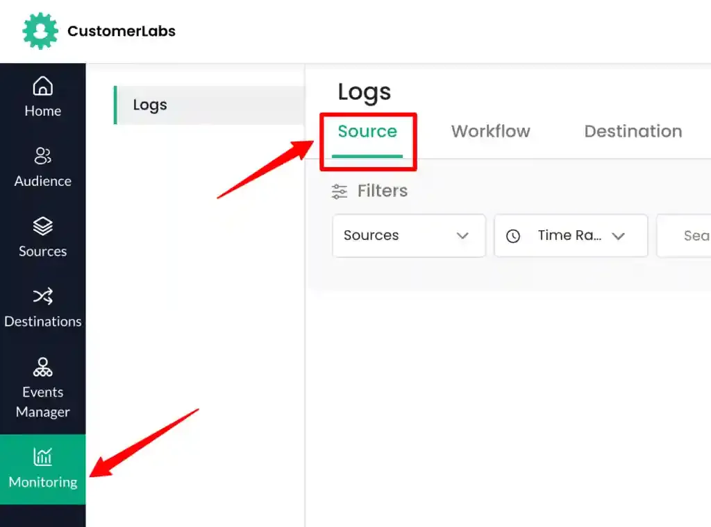 Navigate to Source Logs through Monitoring menu