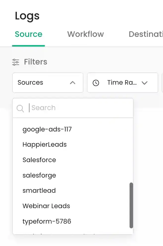 Selecting a source from the Sources dropdown menu