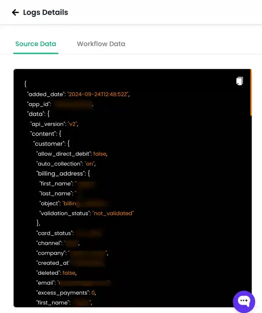 JSON view of the Source Data tab