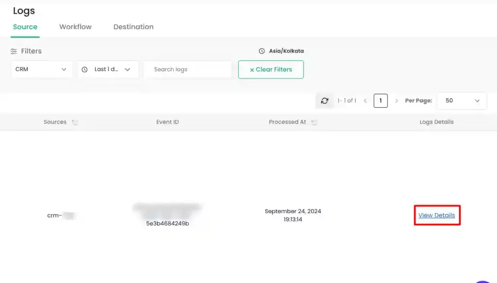 Opening details for a CRM log entry