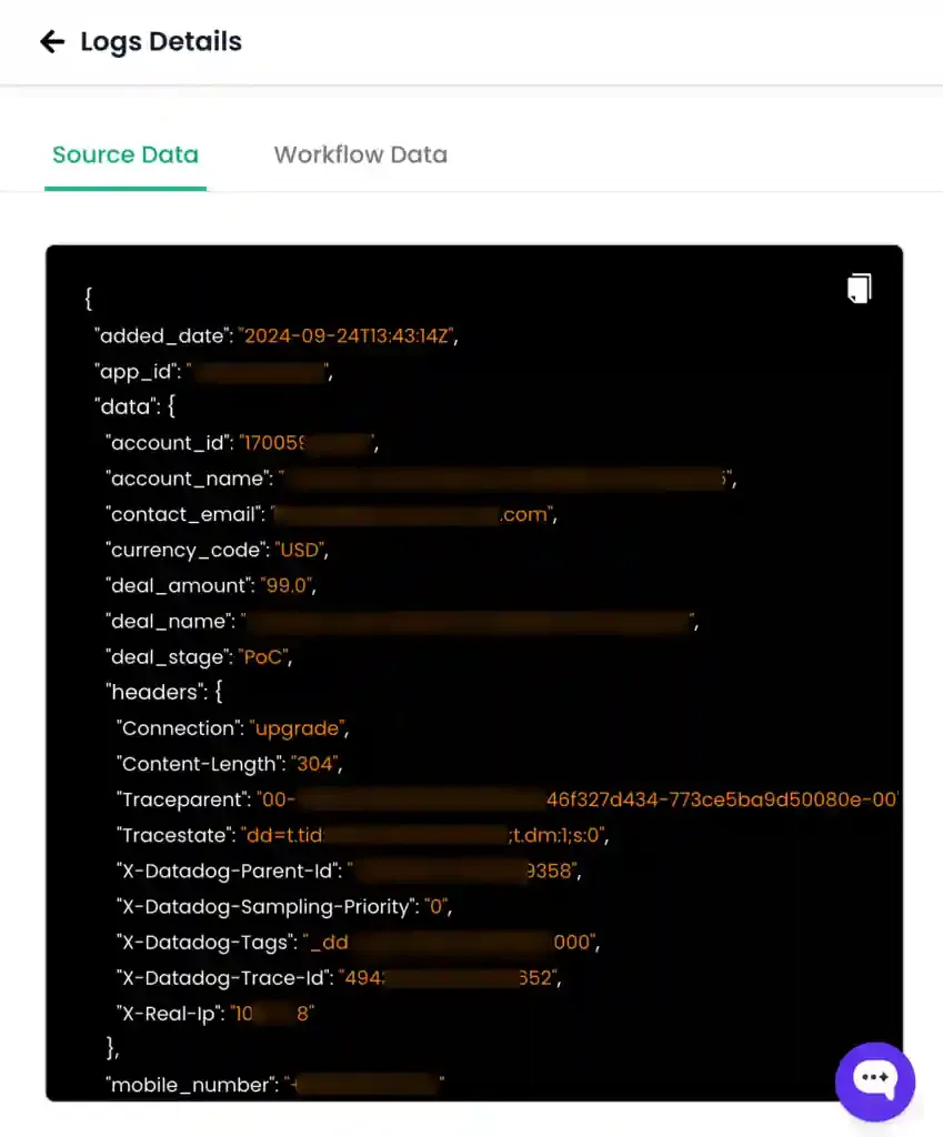 Confirming CRM payload structure in the Source Data tab