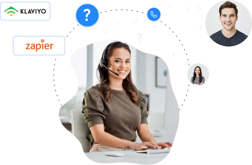 Klaviyo and Zapier integrations with customer support agents representing backend event sources