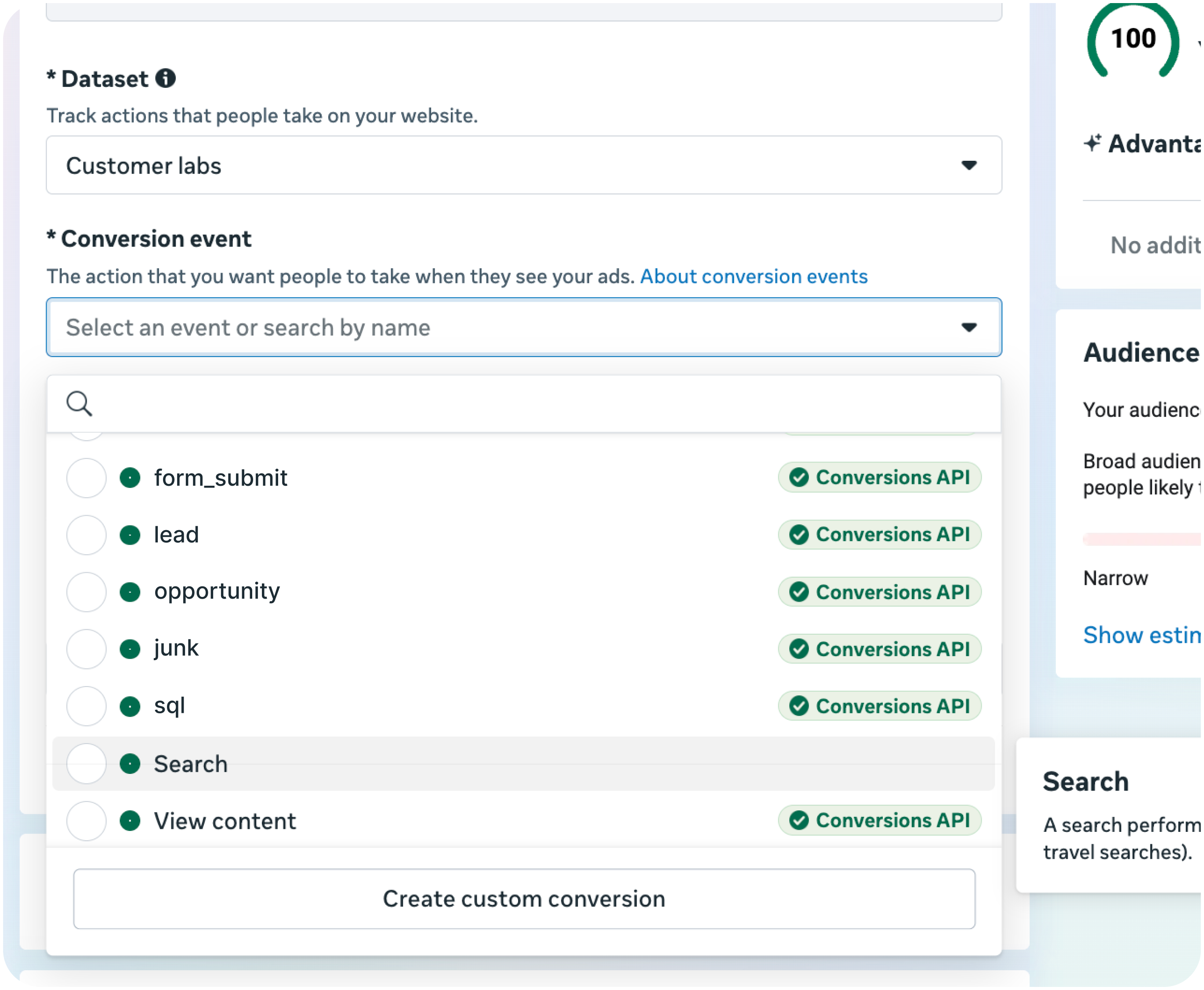 Meta Ads dataset picker showing a Conversion event dropdown with server-side events — form_submit, lead, opportunity, junk, sql, Search, View content — each tagged with Conversions API.