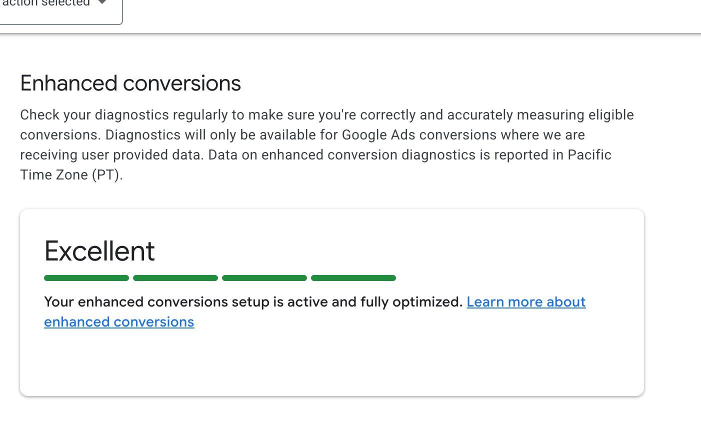 Google Ads enhanced conversions diagnostics rated Excellent and fully optimized
