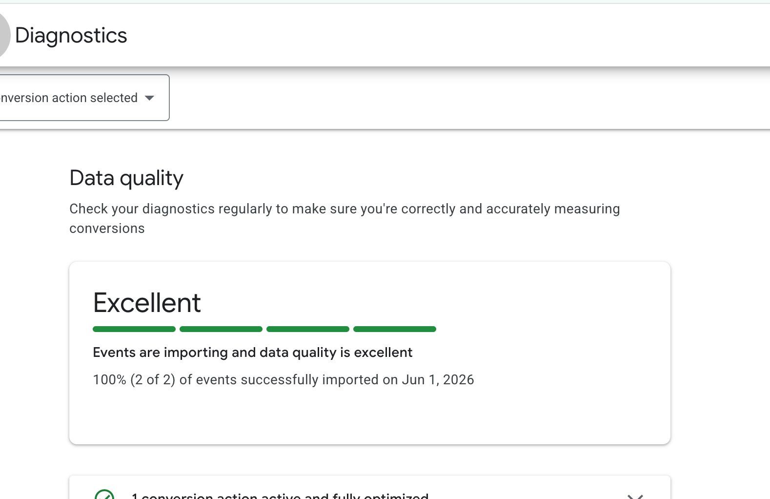 Google Ads diagnostics showing Excellent data quality with 100 percent of events successfully imported