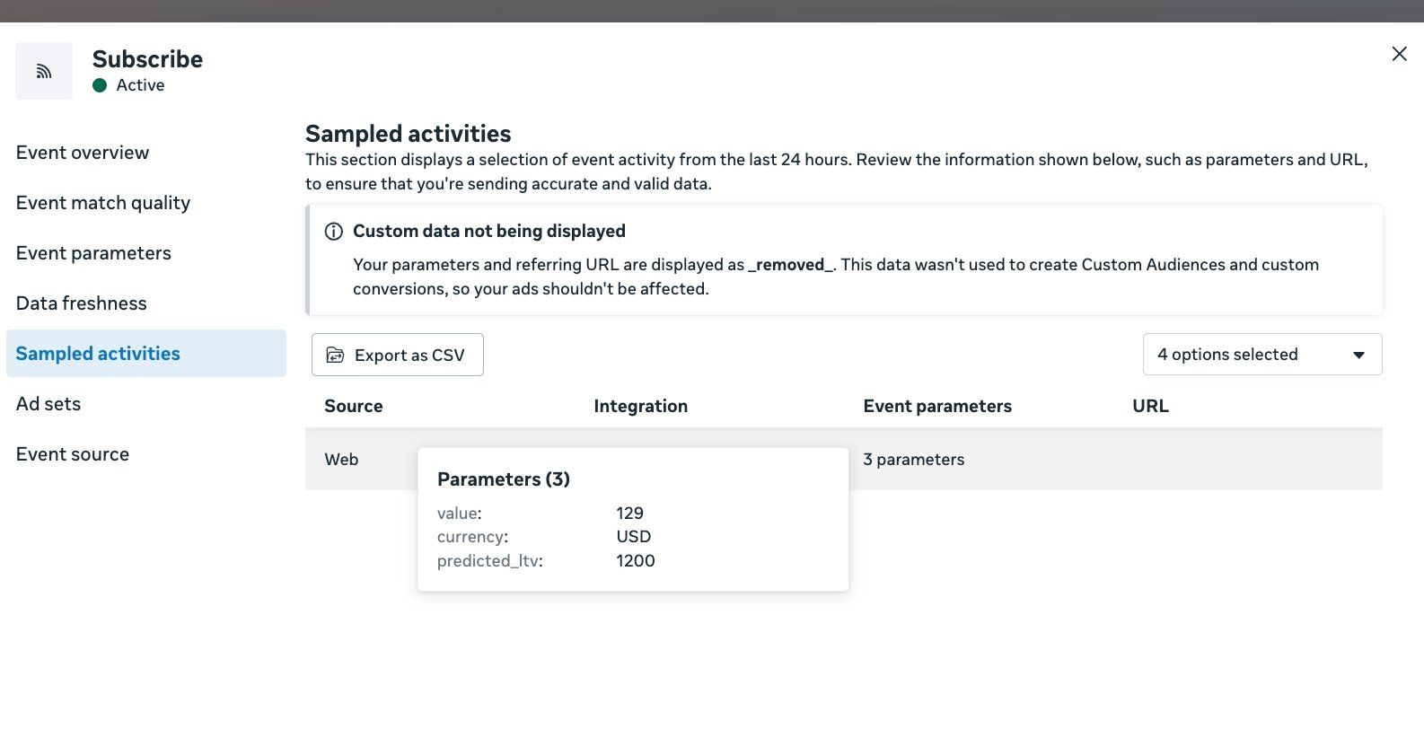 Meta sampled activity showing value, currency and predicted_ltv custom parameters sent with the Subscribe event