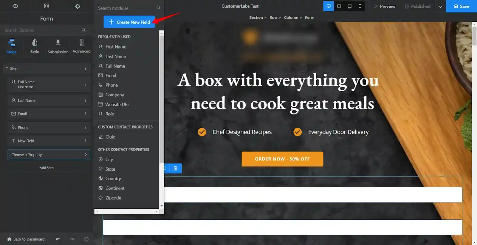 create a new field option in menu