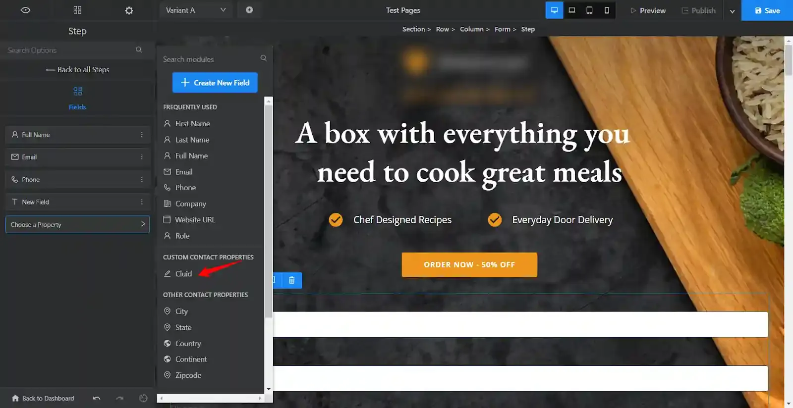 custom field available in form field menu