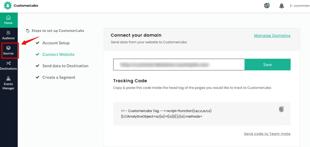 Copying the tracking code from CustomerLabs Connect Website section