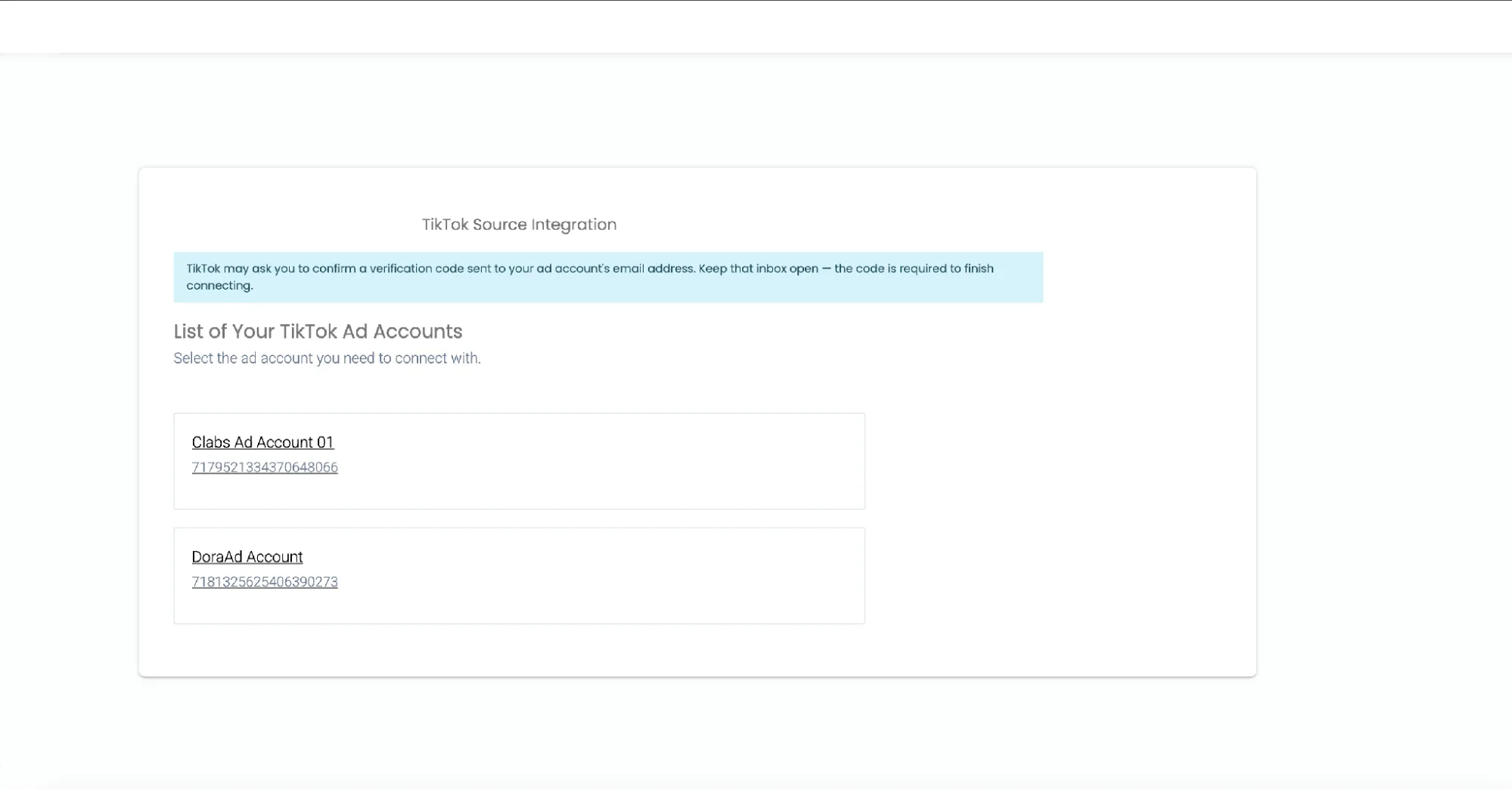 TikTok Source Integration screen listing the available TikTok ad accounts