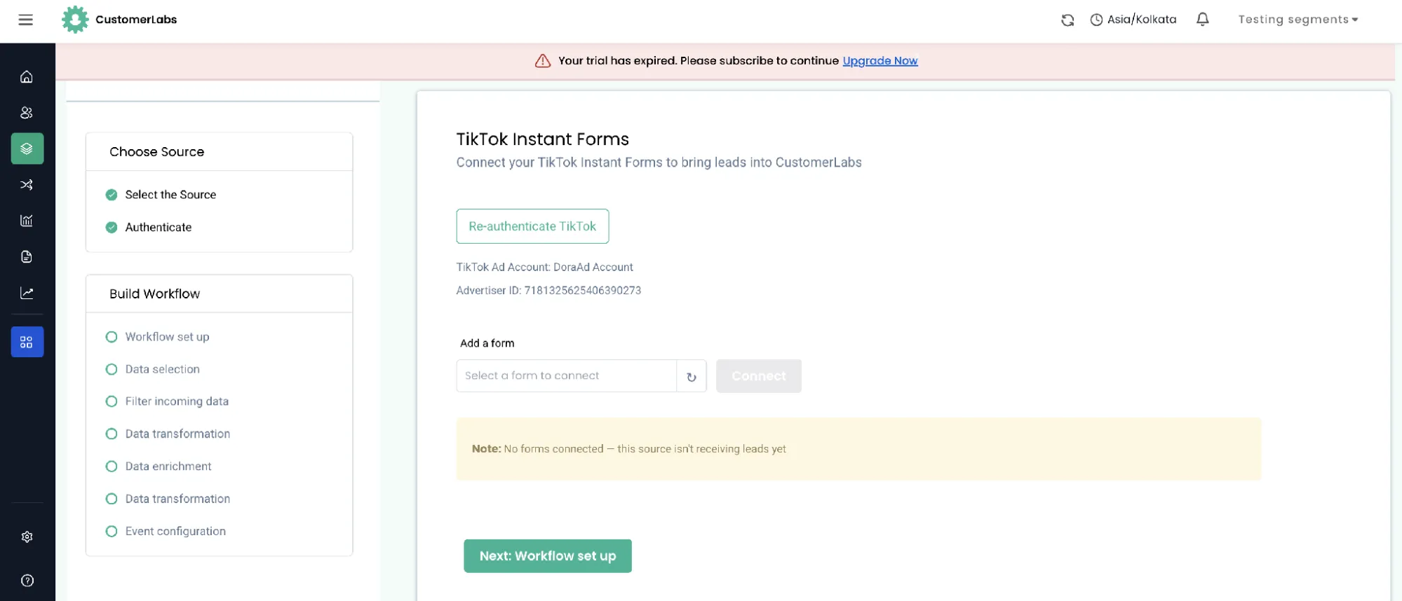 TikTok Instant Forms screen after connecting, with no forms connected yet
