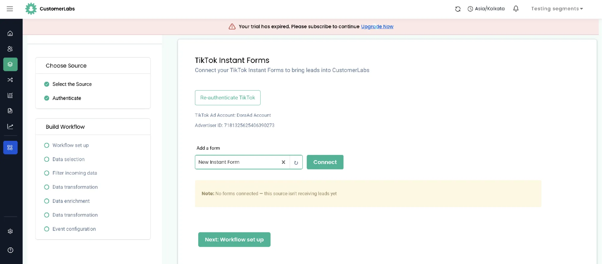 A form selected in the Add a form field with the Connect button enabled