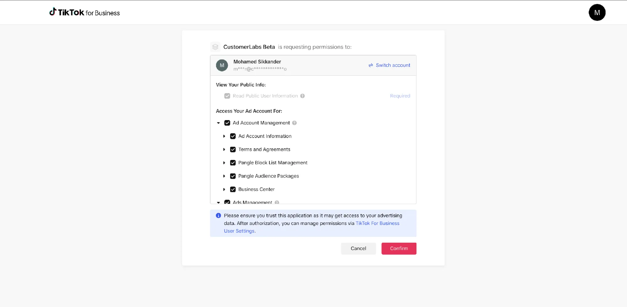 TikTok permissions screen listing the access requested by CustomerLabs