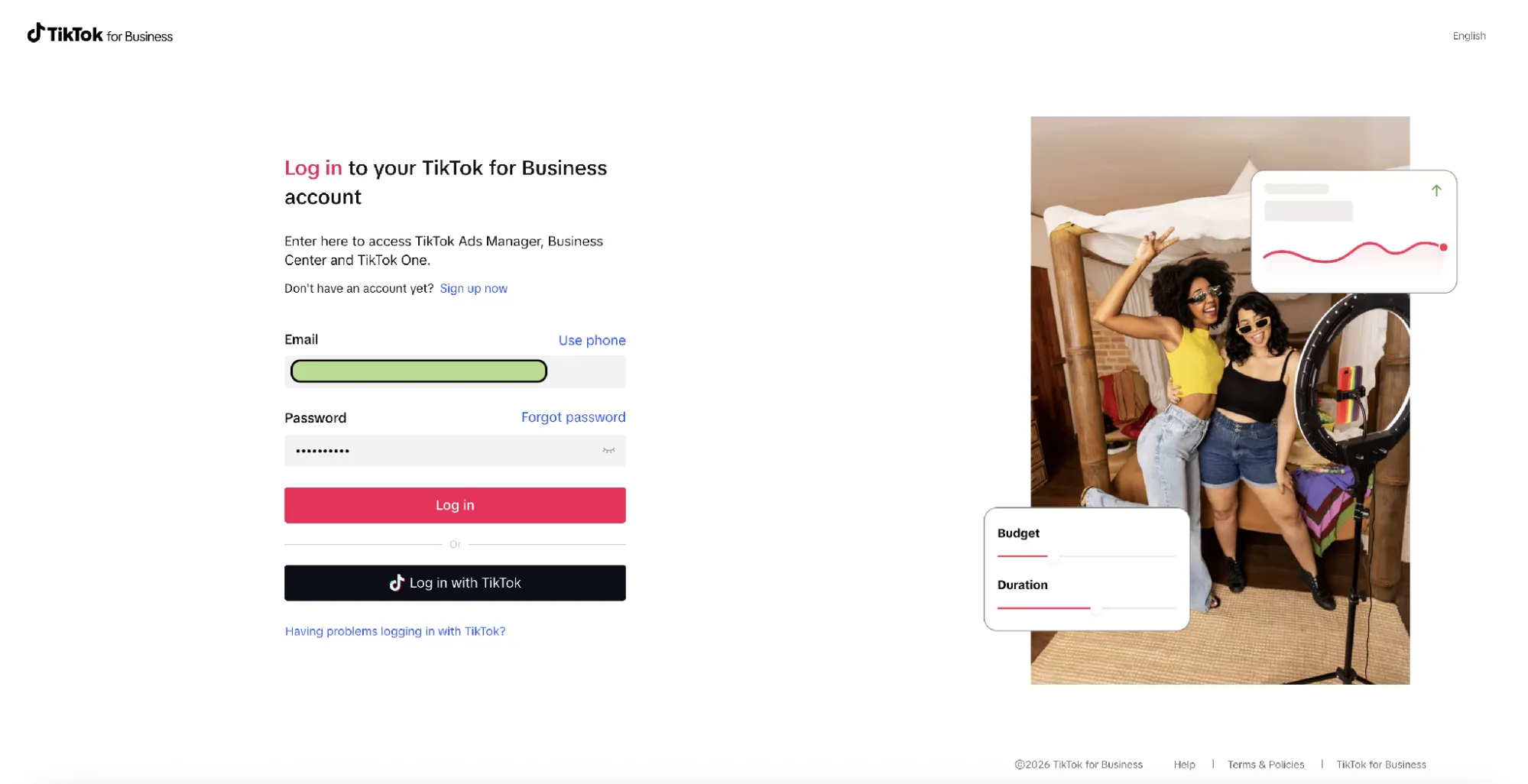 TikTok for Business login page