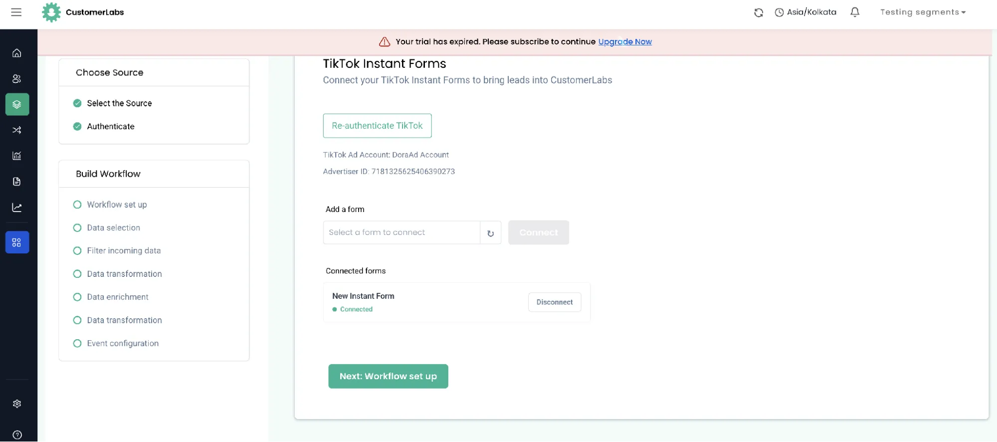 Connected forms list showing a connected Instant Form with a Disconnect button