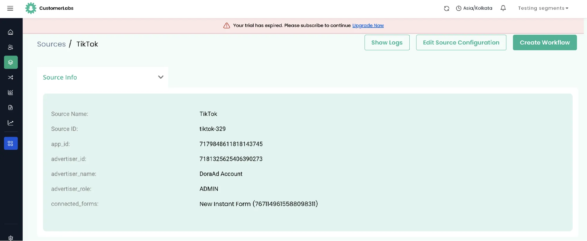 TikTok source info panel showing the advertiser details and connected forms