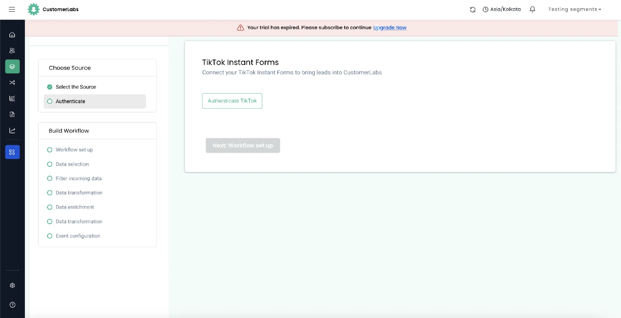 TikTok Instant Forms source screen with the Authenticate TikTok button
