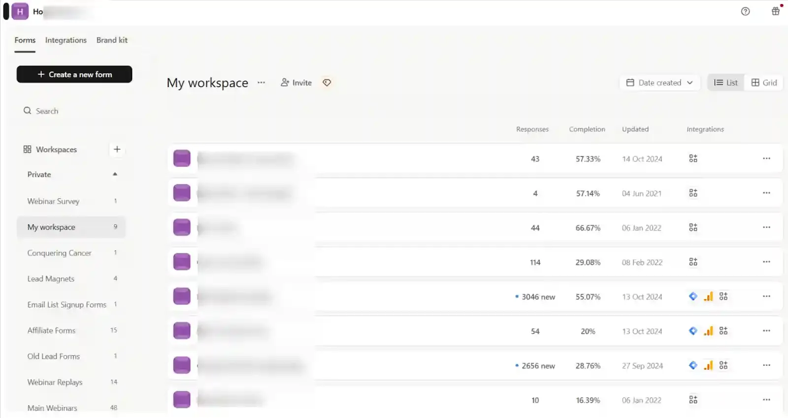 typeform dashboard with list of forms