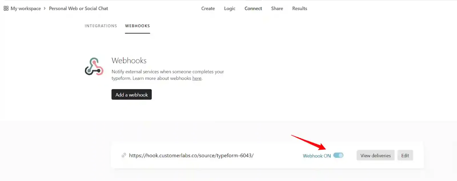 webhook url configured and toggle enabled in typeform