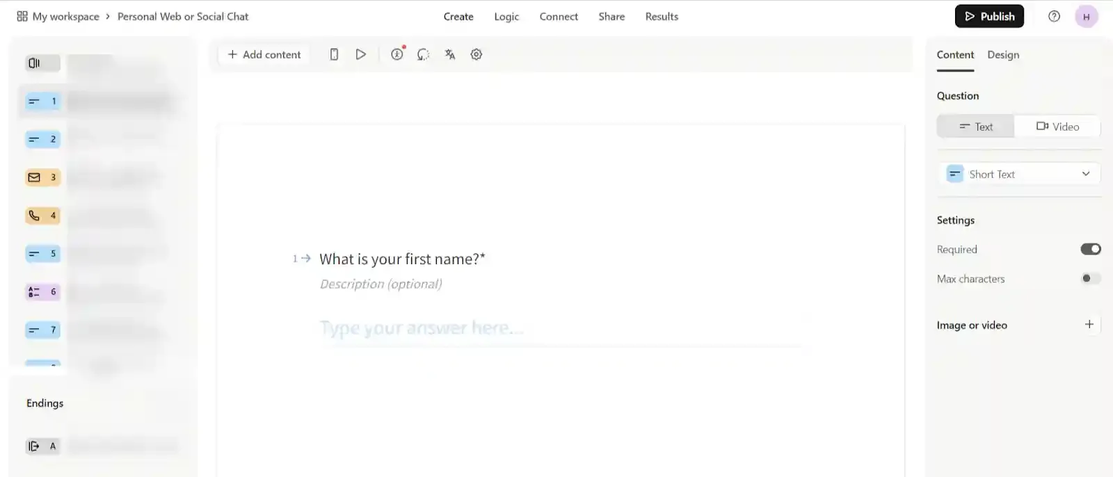 logic options on typeform form screen