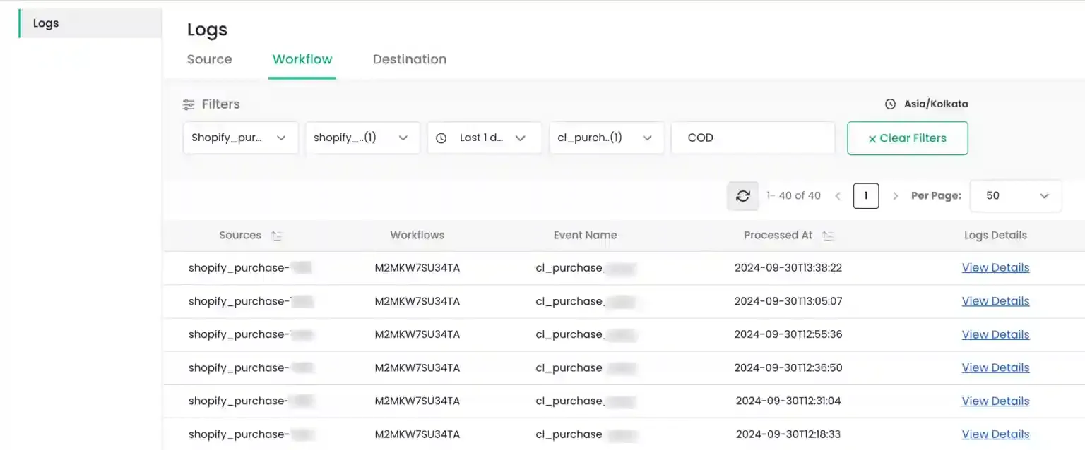 The Apply Filter button and results table column headers