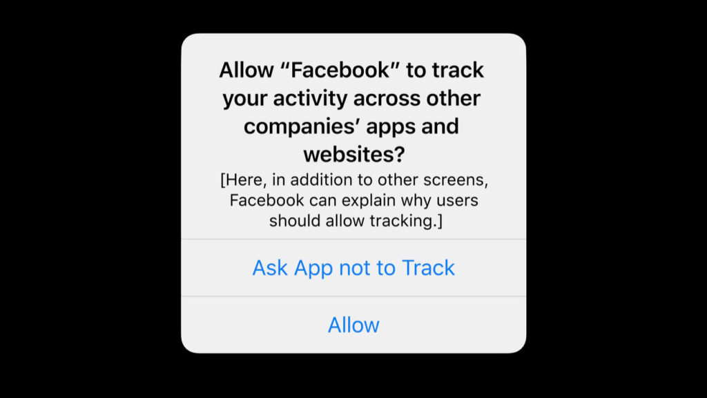 Apple ios14 permission opt in. The prompt in an apple iPhone showing the screen of permission whether to ask the app not to track or allow.