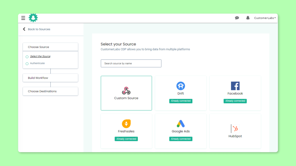 Sources integration page in CustomerLabs 1PD showing CRMs like Salesforce CRM integration, Hubspot, Freshales, Pipedrive, Zoho CRM, etc., to bring data into GA4 for analytics of CRM data