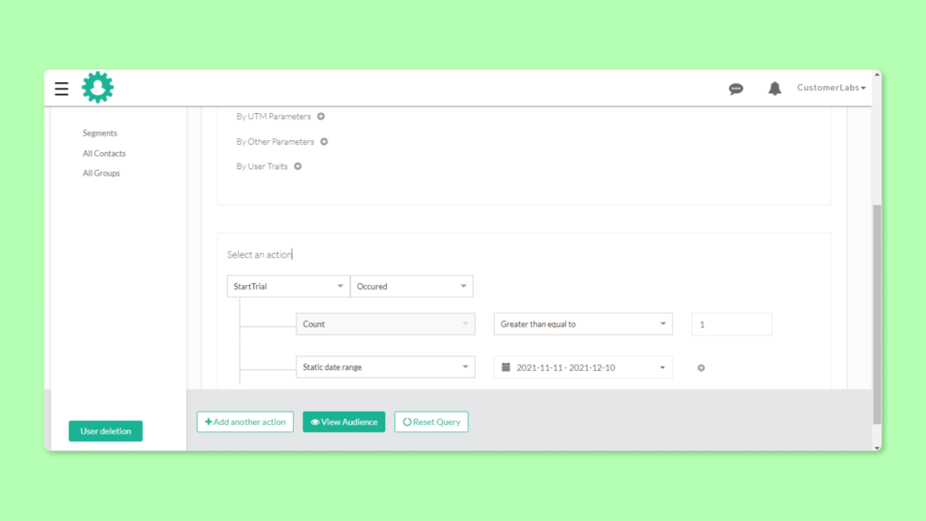 Audience segmentation screen in CustomerLabs 1PD Ops that lets segment CRM audience and sending it to Google Analytics (GA4)
