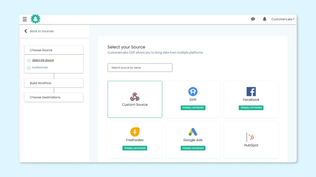 Source screen dashboard in CustomerLabs CDP