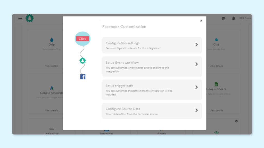 CustomerLabs CDP Facebook integration customization screen with configuration settings, event workflow setup, source data configuration, setup trigger path
