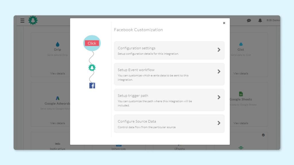 CustomerLabs 1PD Ops Facebook integration customization screen with configuration settings, event workflow setup, source data configuration, setup trigger path