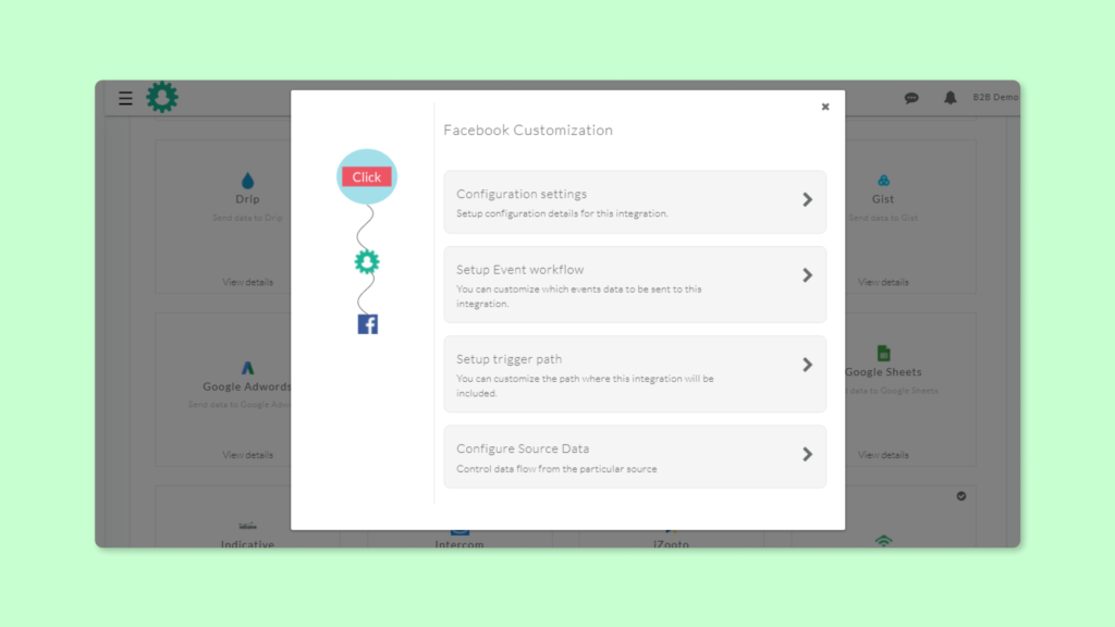 Facebook integration customization screen pop up