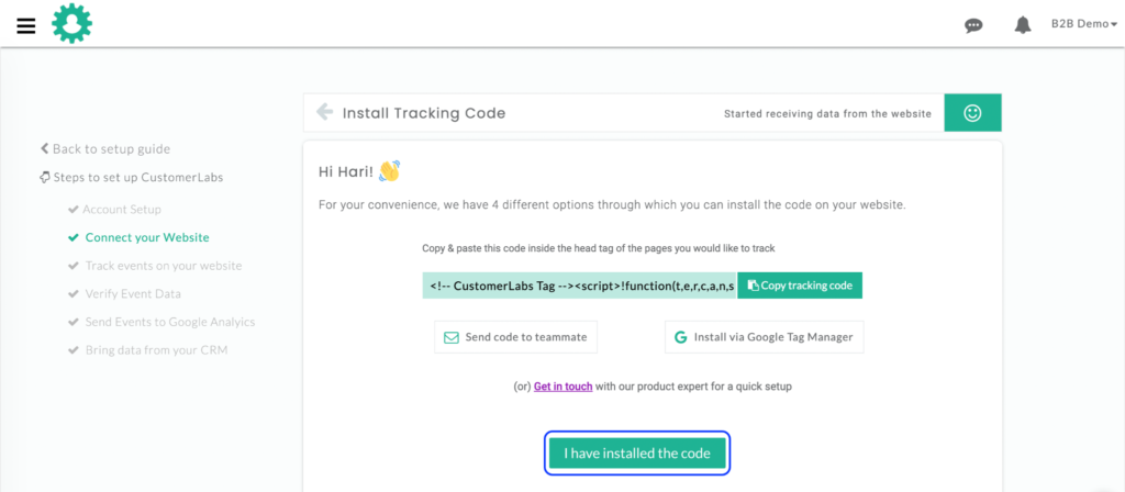 Click "I have installed the code"