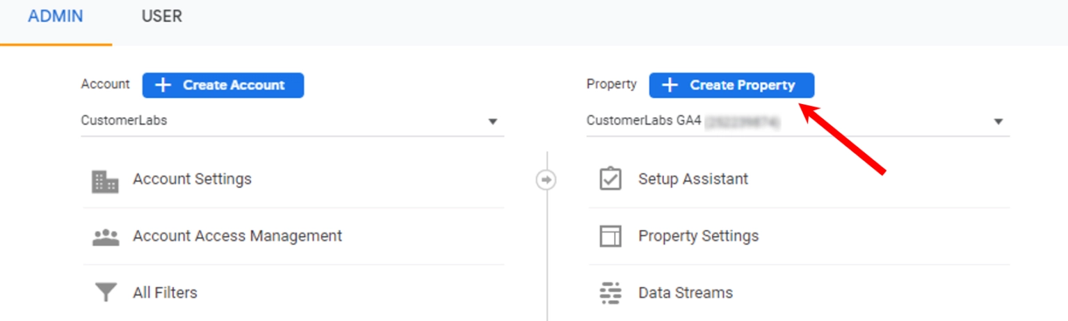 This image shows the GA4 dasboard and option to create a property or choose the existing property