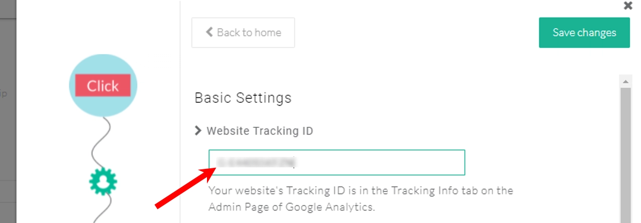This image shows that the copied measurement id should be pasted in the website tracking id field