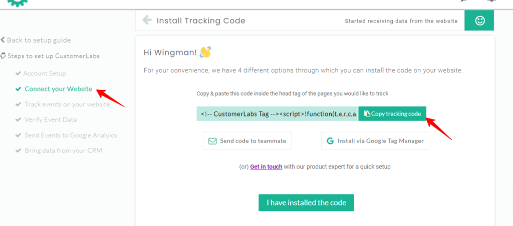 CustomerLabs CDP dashboard showing connect your website to track all the events