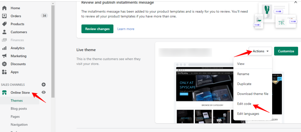 Choosing themes inside Online Store in Shopify, Choosing Actions, and to click on edit code