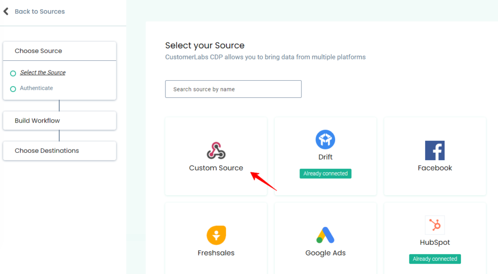 Select the sources from CustomerLabs CDP sources