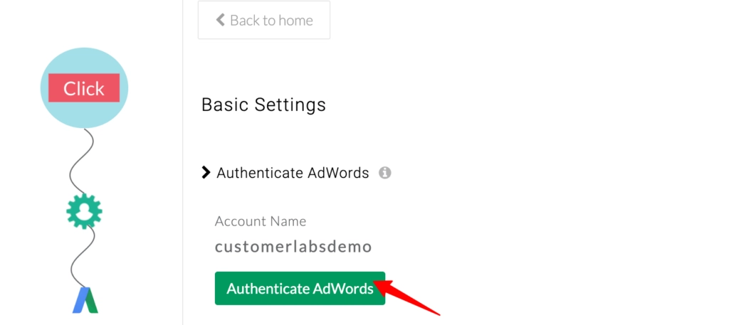 CustomerLabs Google AdWords Basic Settings screen showing account name and authentication options.
A red arrow points to the green “Authenticate AdWords” button.
