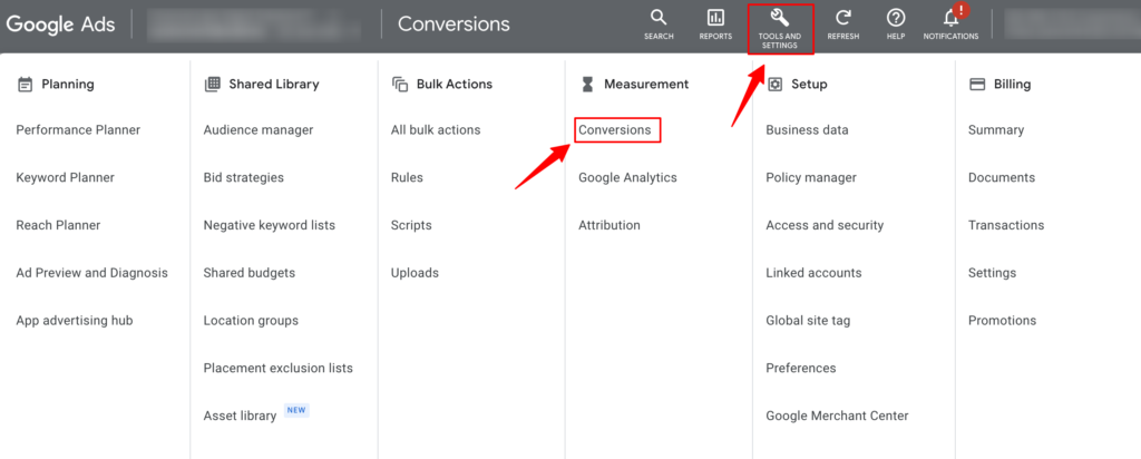 Google Ads conversion tracking option in Tools and Settings